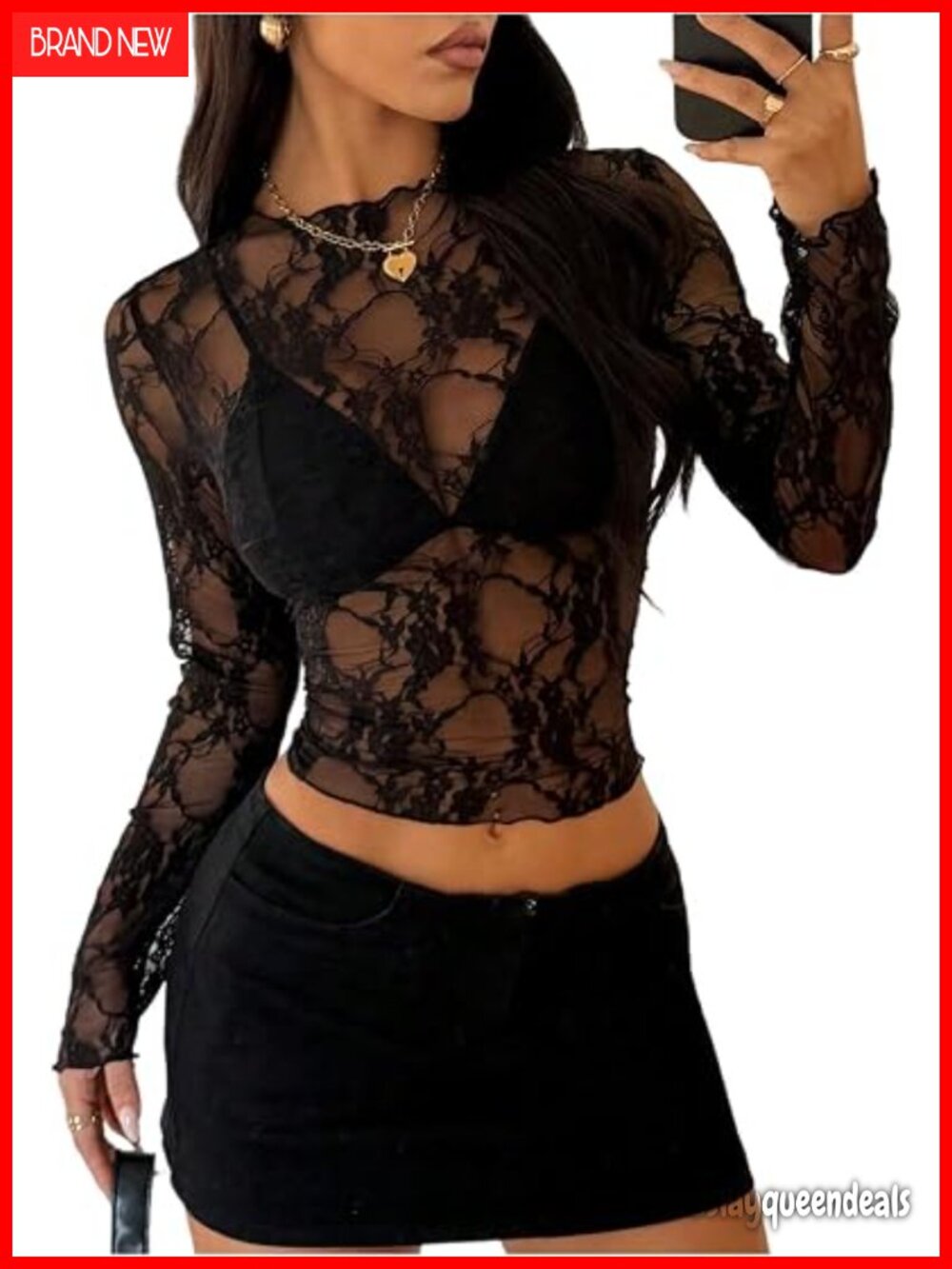 Sheer Mesh Lace Long Sleeve Crop Top Sexy See Through Fitted Night Out